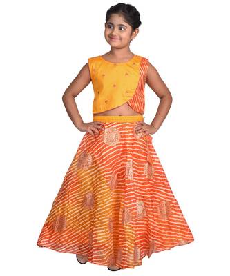 Kinder Kids Girls Yellow  Red Embroidered Ready To Wear Lehenga Choli 1