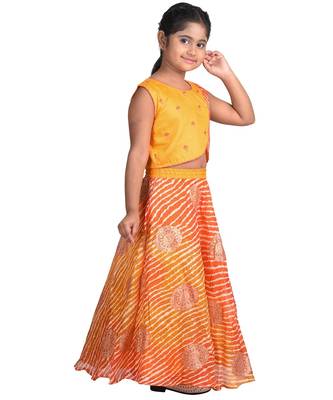 Kinder Kids Girls Yellow  Red Embroidered Ready To Wear Lehenga Choli 2