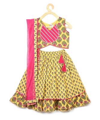 Kinder Kids Girls Yellow  Green Printed Ready to Wear Lehenga  Blouse With Dupatta 1