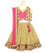 Kinder Kids Girls Yellow  Green Printed Ready to Wear Lehenga  Blouse With Dupatta
