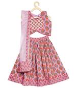 Kinder Kids Girls Pink  Green Printed Ikat Ready to Wear Lehenga  Blouse With Dupatta