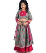 Kinder Kids Girls Green  Pink Block Print Ready to Wear Lehenga  Blouse With Dupatta