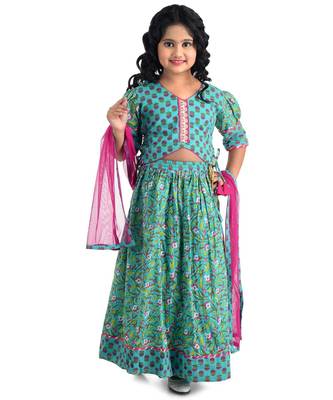 Kinder Kids Blue  Magenta Block Print Ready to Wear Lehenga  Blouse With Dupatta 1