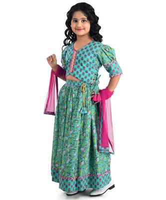 Kinder Kids Blue  Magenta Block Print Ready to Wear Lehenga  Blouse With Dupatta 2