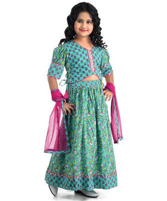 Kinder Kids Blue  Magenta Block Print Ready to Wear Lehenga  Blouse With Dupatta 3