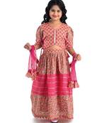 Kinder Kids Girls Pink  Green Printed Ready to Wear Lehenga  Blouse With Dupatta