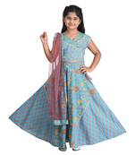 Kinder Kids Girls Blue  Orange Block Printed Ready To Wear Lehenga With Choli  Dupatta
