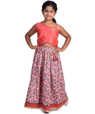 Kinder Kids Girls Peach-Coloured  Blue Embroidered Block Print Ready to Wear Lehenga 1