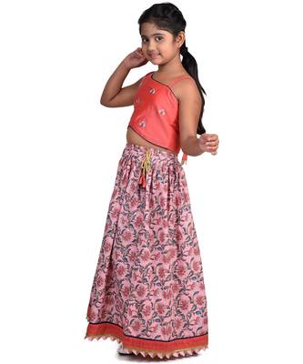 Kinder Kids Girls Peach-Coloured  Blue Embroidered Block Print Ready to Wear Lehenga 2