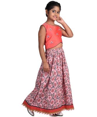 Kinder Kids Girls Peach-Coloured  Blue Embroidered Block Print Ready to Wear Lehenga 3