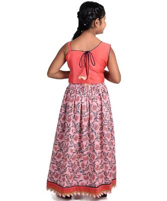 Kinder Kids Girls Peach-Coloured  Blue Embroidered Block Print Ready to Wear Lehenga 4