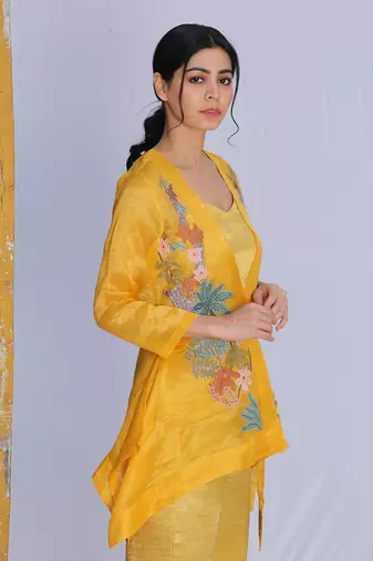 Linen Embroidery Yellow Kurta Sets