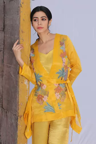 Linen Embroidery Yellow Kurta Sets