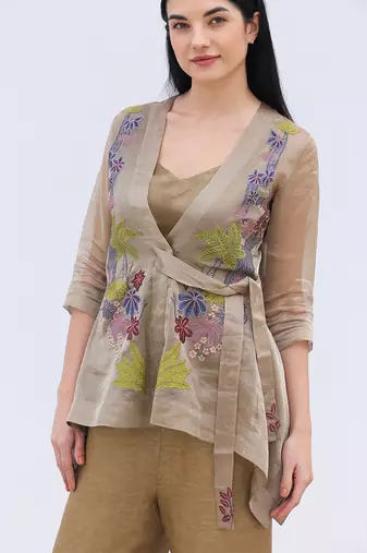 Linen Embroidered Brown Kurta Sets