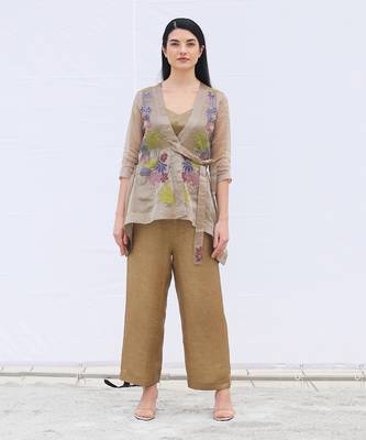 Linen Embroidered Brown Kurta Sets 1