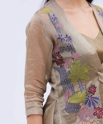 Linen Embroidered Brown Kurta Sets 3
