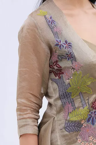 Linen Embroidered Brown Kurta Sets