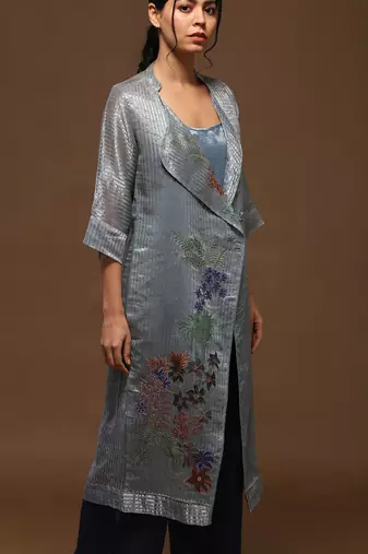 Linen Embroidered Blue Kurta Sets