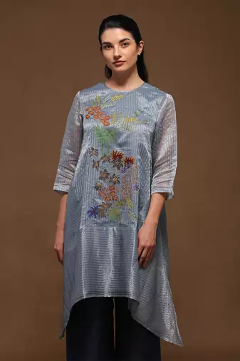 Linen Embroidered Blue Kurta Sets