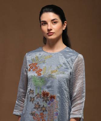 Linen Embroidered Blue Kurta Sets 3