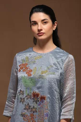 Linen Embroidered Blue Kurta Sets