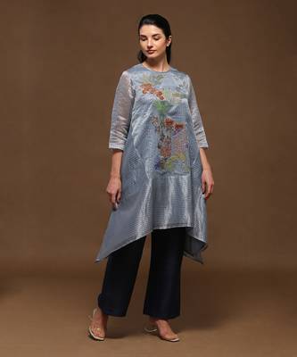 Linen Embroidered Blue Kurta Sets 1
