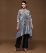 Linen Embroidered Blue Kurta Sets