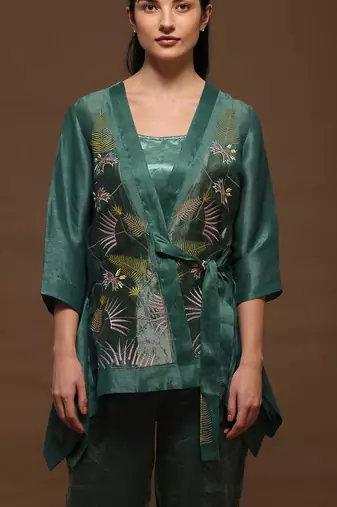 Linen Embroidered Green Kurta Sets
