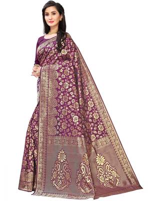 Purple Woven Cotton Silk Saree With Blouse 2