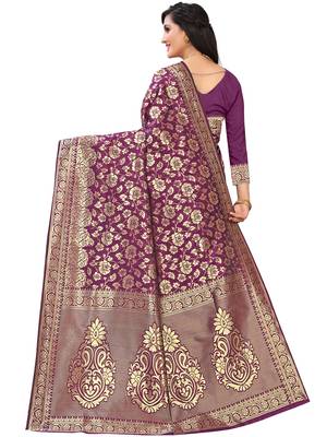 Purple Woven Cotton Silk Saree With Blouse 4