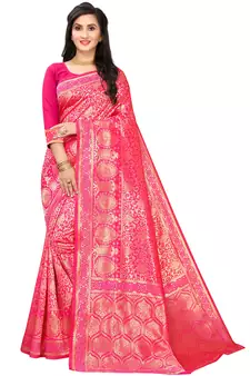 Hot Pink Woven Cotton Silk Saree With Blouse