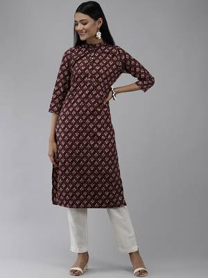 Burgundy printed polyester kurtas-and-kurtis 1