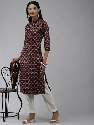 Burgundy printed polyester kurtas-and-kurtis 5