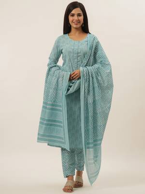 Turquoise printed cotton ethnic-kurtis 1