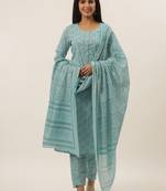 Turquoise printed cotton ethnic-kurtis