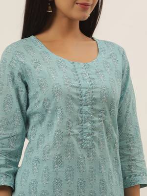 Turquoise printed cotton ethnic-kurtis 4