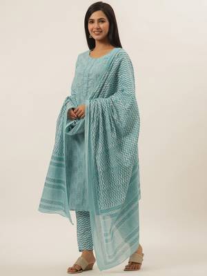 Turquoise printed cotton ethnic-kurtis 5