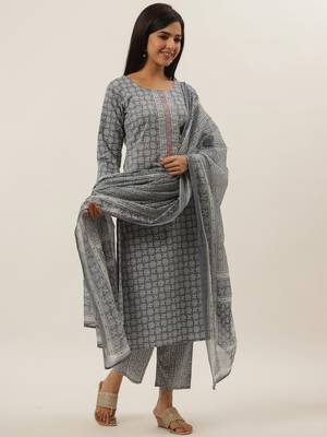 Grey printed cotton ethnic-kurtis 2