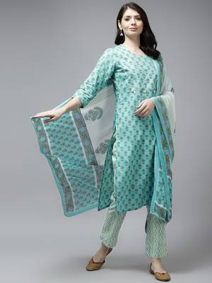 Turquoise printed cotton ethnic-kurtis 1