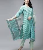 Turquoise printed cotton ethnic-kurtis
