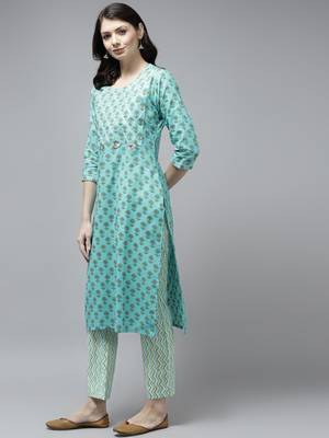 Turquoise printed cotton ethnic-kurtis 2