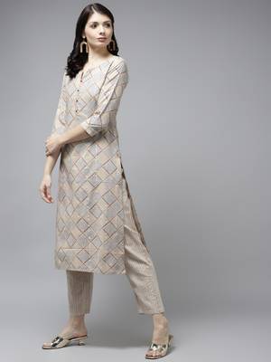 Beige printed cotton ethnic-kurtis 2