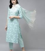 Turquoise printed cotton ethnic-kurtis
