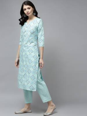 Turquoise printed cotton ethnic-kurtis 2