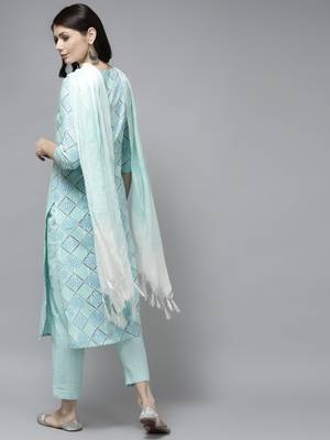 Turquoise printed cotton ethnic-kurtis 3