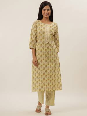 Yellow printed cotton ethnic-kurtis 1