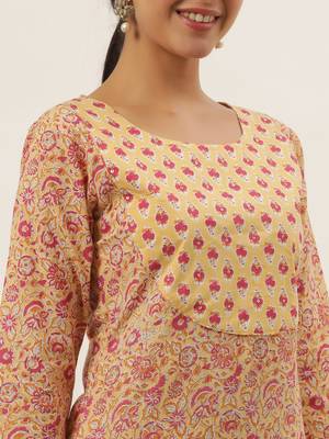 Yellow printed cotton ethnic-kurtis 4
