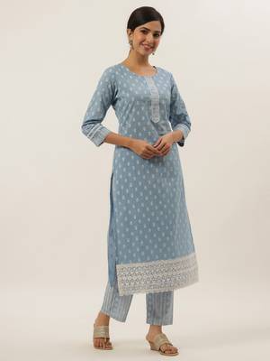 Turquoise printed cotton ethnic-kurtis 2