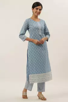 Turquoise printed cotton ethnic-kurtis
