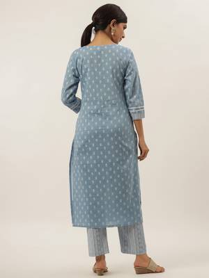Turquoise printed cotton ethnic-kurtis 3